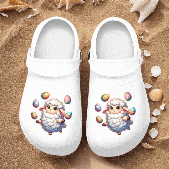 Colorful Easter Egg Juggling Lamb Cartoon Nurse Clogs