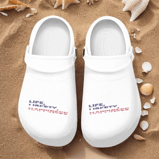 Life, Liberty, Happiness American Flag Font Nurse Clogs