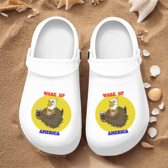 Wake Up America - Bald Eagle Drinking Coffee Nurse Clogs