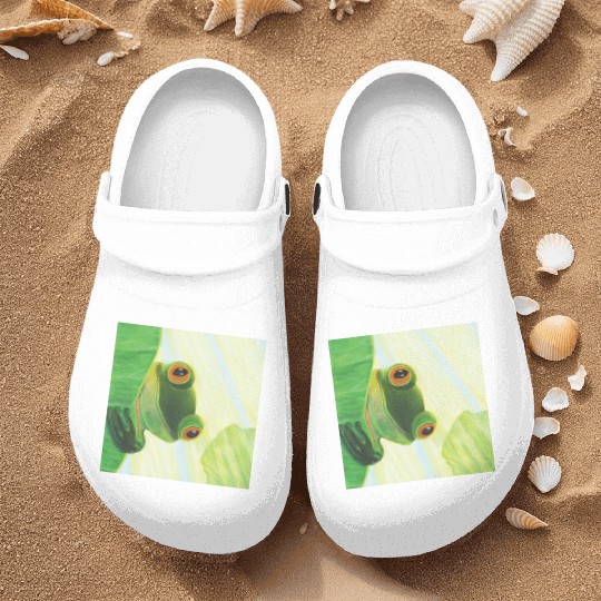 Cute Green Frog Peeping out From Behind Lily Pad Nurse Clogs