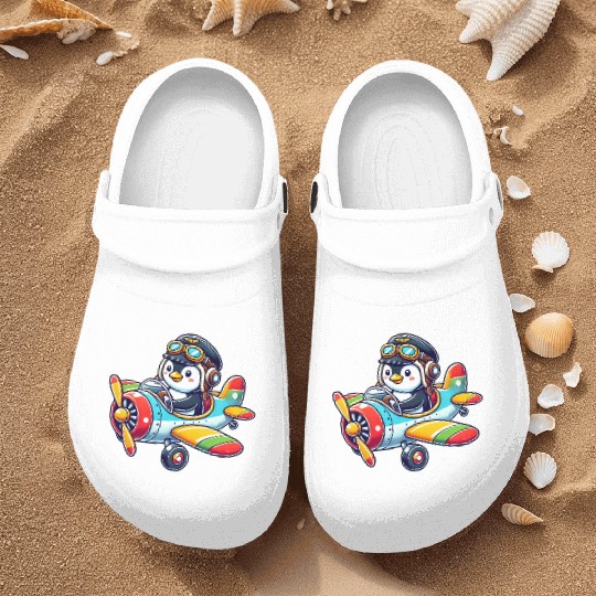 Penguin pilot license airplane cartoon flying Nurse Clogs