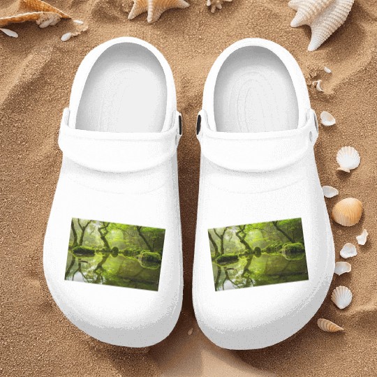 Enchanted Forest Reflections in Tranquil Pond Nurse Clogs