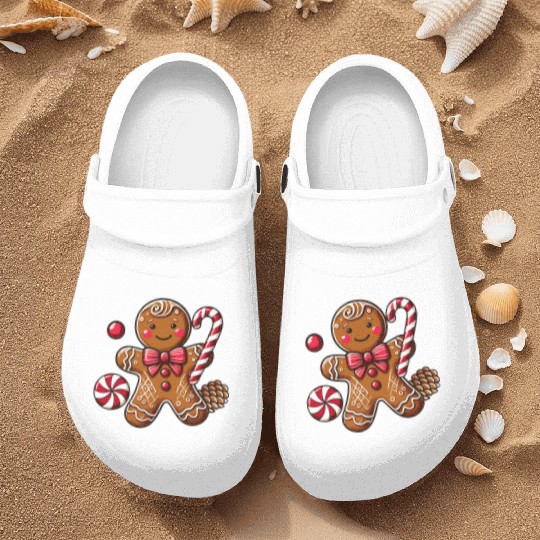 Happy gingerbread man with candy cane Nurse Clogs