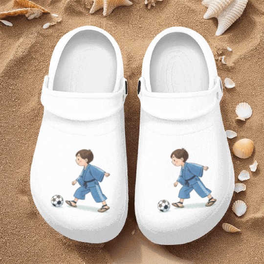 Boy in kimono playing soccer Nurse Clogs
