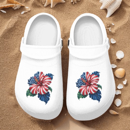 Hibiscus Flower Patriotic American Flag 4th Nurse Clogs
