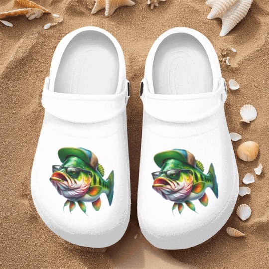Cool Bass Fish with Green Hat and Glasses Nurse Clogs