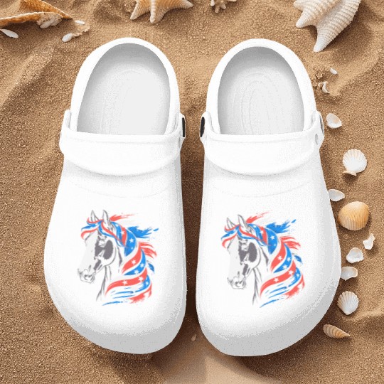 Patriotic Pony with Stars and Stripes Mane Nurse Clogs