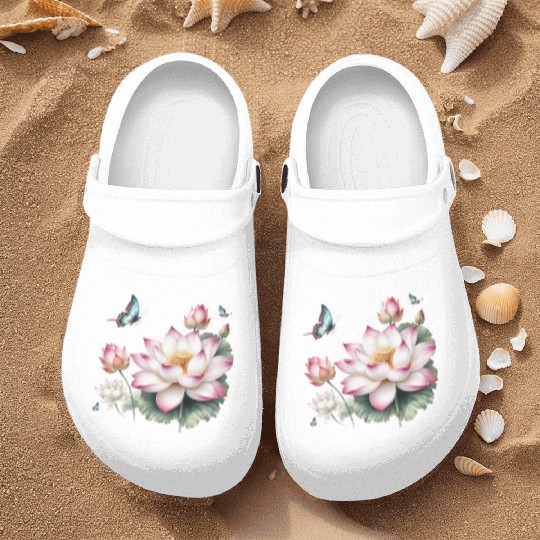 Light Pink Lotus and Butterflies  Nurse Clogs