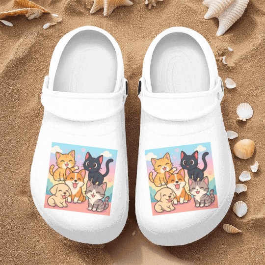 Colorful Cute Cats and Puppy Illustration Nurse Clogs