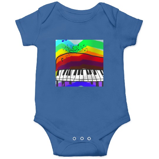 A beautiful piano in front of a colorful rainbow Onesies