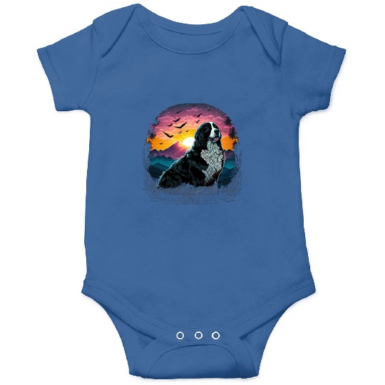 Bernese Mountain Dog with Mountain Sunrise view Onesies