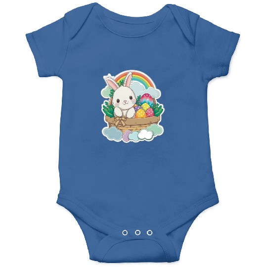 Easter Bunny Delivering a Basket of Rainbow Easter Onesies
