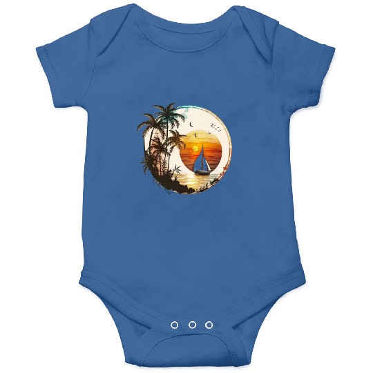 Beach Sunset Sailboat Palm Trees Ocean Vacation 2 Onesies