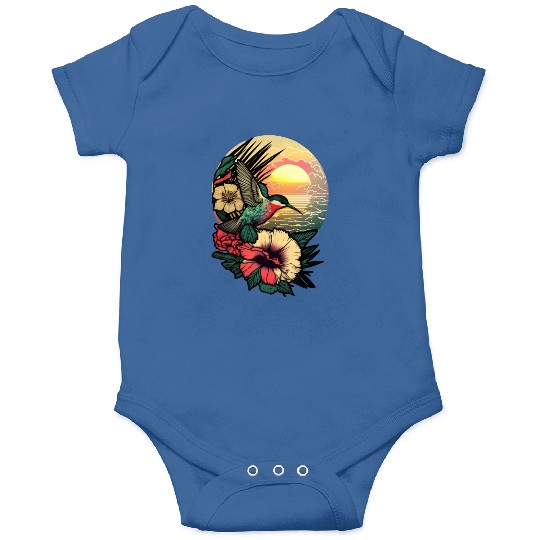Hummingbird flies over hibiscus flower Tropical Onesies
