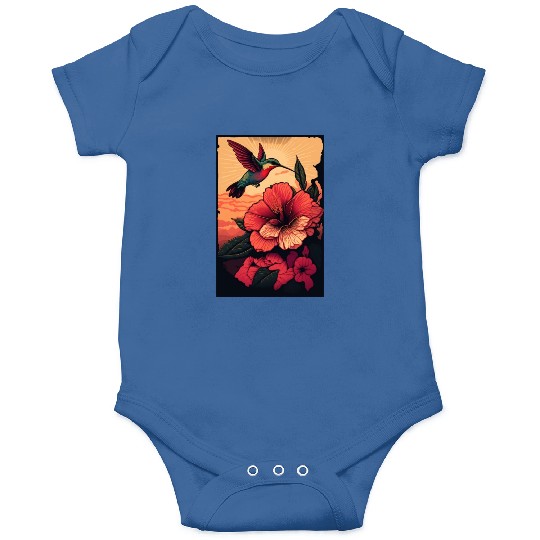 Hummingbird flies over hibiscus flower Tropical Onesies