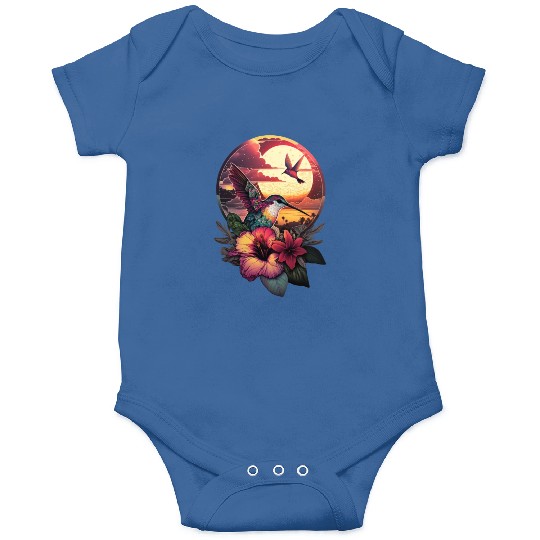 Hummingbird flies over hibiscus flower Tropical Onesies