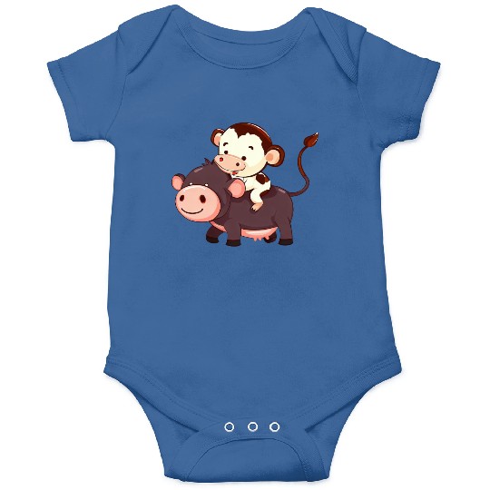 monkey Riding on Cow - Funny Animal Play Design Onesies