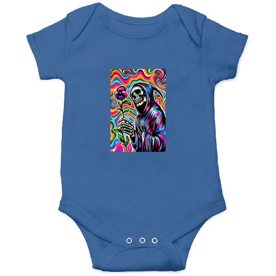 Psychedelic Grim Reaper Holding Sweet Pea Flower Onesies
