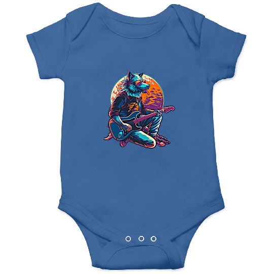 Blue Wolf Moon Guitar Player Retro Sunglasses Onesies