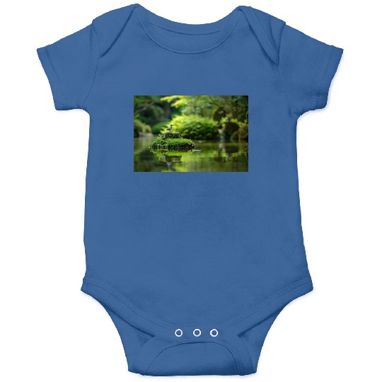 Serene Pond with Bird on Mossy Rock Onesies