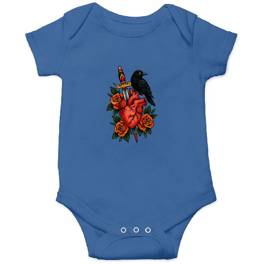 Heart, Dagger, Raven and Roses – Tattoo Style Art Onesies