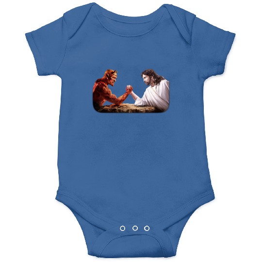 God arm wrestling Satan Onesies