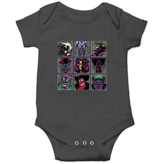 Disney Villains Colorful Neon Big Face Group Shot Panels Onesies