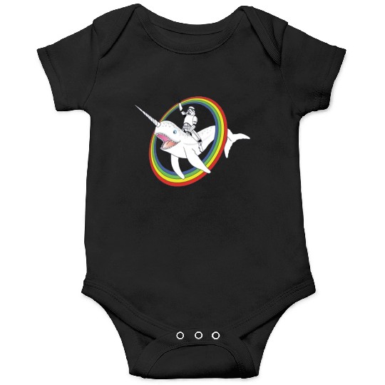 Spaceman riding narwhal through rainbow Onesies