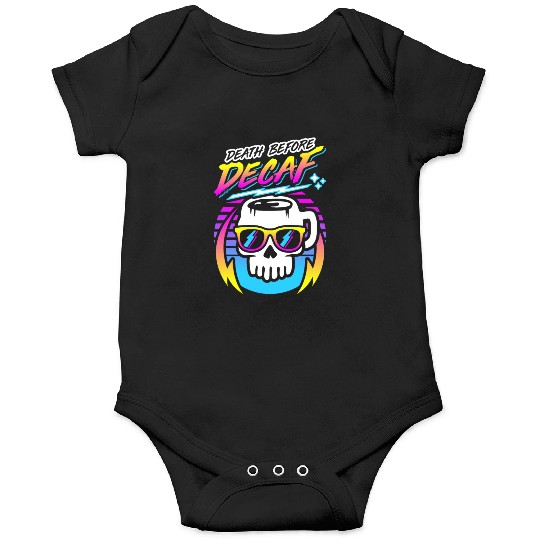 Death Before Decaf (Skull Mug) Retro Neon 80s 90s Onesies