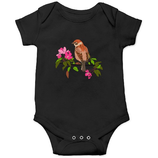 Sparrow on a branch pink flowers of an apple tree Onesies