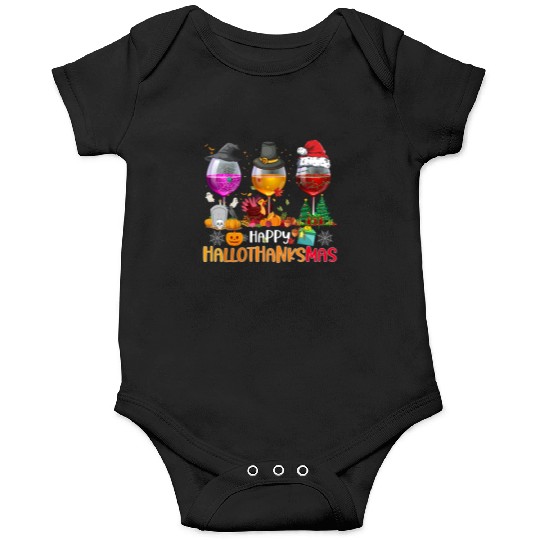 Wine Glasses Witch Santa hat Happy Hallothanksmas Onesies