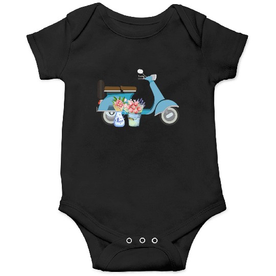 Blue Retro Scooter With Tulips Art Design Onesies