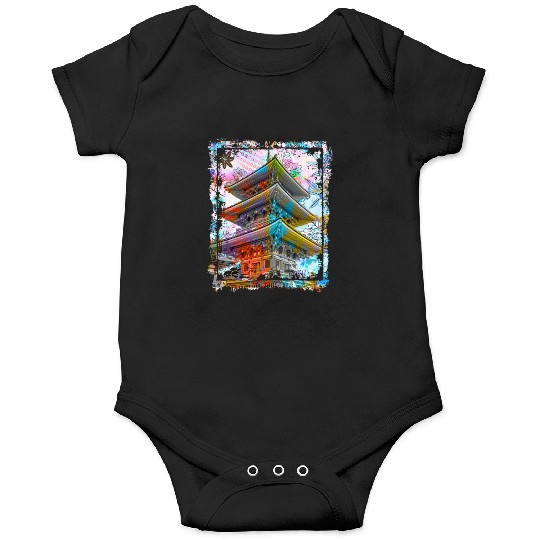 Japan Pagoda Cherry Blossoms Collage Art 70 Onesies