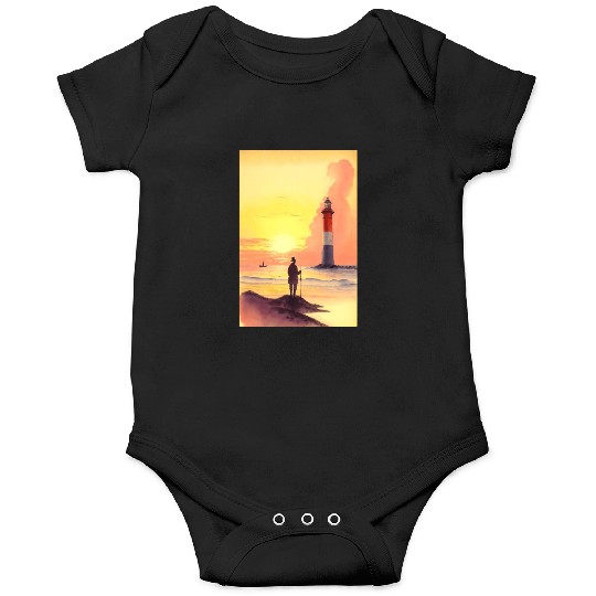 Serene Sunrise Beach Scene with Lighthouse and Fis Onesies
