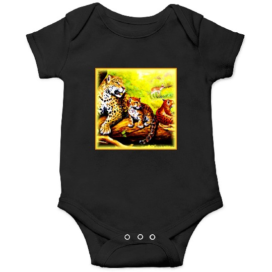Jaguar Mom and Cubs Relaxing in Jungle. Buy Now Onesies