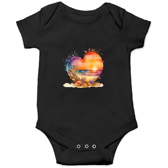Retro Beach Heart Sunset Watercolor 5 Onesies