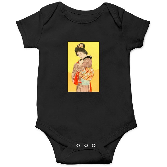 Geisha in Kimono with Cat Retro art Onesies