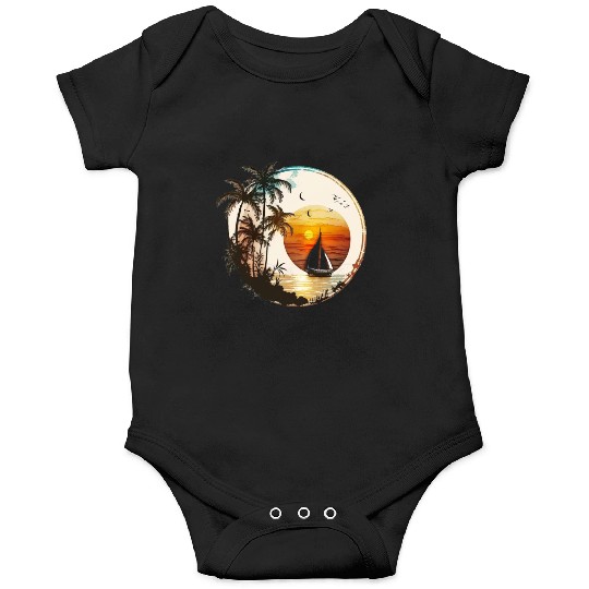 Beach Sunset Sailboat Palm Trees Ocean Vacation 2 Onesies