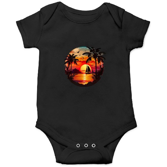 Beach Sunset Sailboat Palm Trees Ocean Vacation Onesies