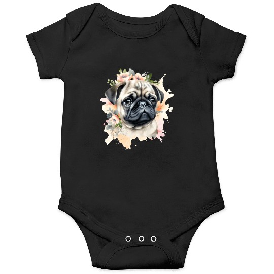 Pug Dog Watercolor Floral Onesies