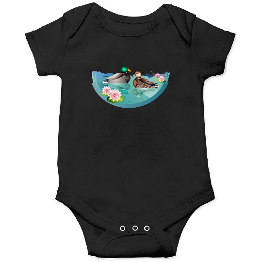 Duck couple in a duck pond with water lilies Onesies