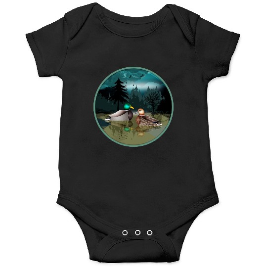 Duck couple in the duck pond at night & moonlight Onesies