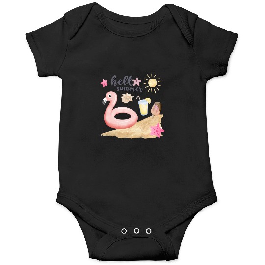 Hello summer sunset Beach summertime pink flamingo Onesies