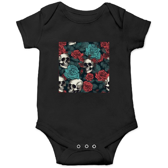 Gothic Skulls & Red Roses Pattern Dark Elegant Onesies