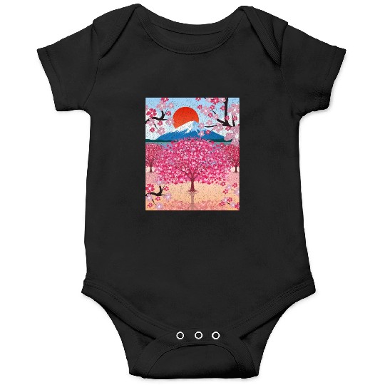 Sunset Sakura Mountains Gift Cherry Blossoms Onesies