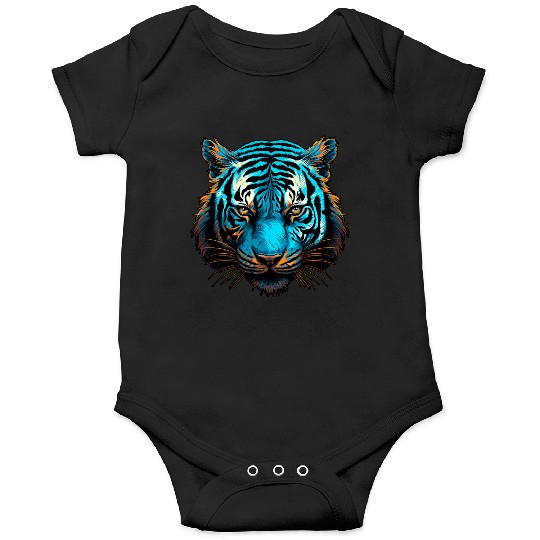 Tiger in blue and orange with woodcut inspired gra Onesies
