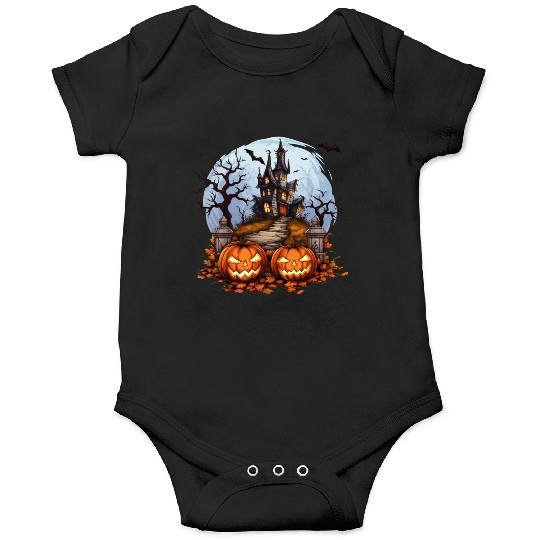 Spooky Haunted House Halloween Pumpkin Bat Onesies