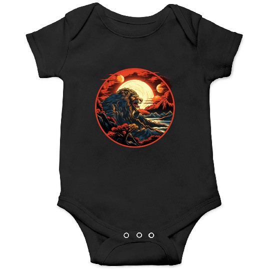 Red Japanese Style Mountain Lion Art Onesies