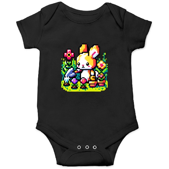 8-Bit Bunny Gardener: Retro Digital Garden Scene Onesies