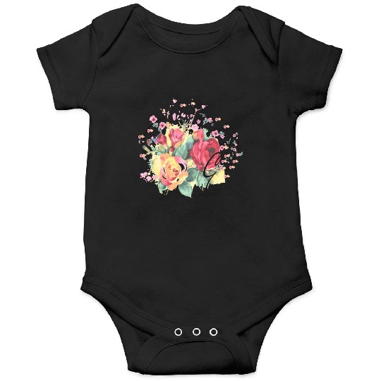 Letter E Monogram Floral Roses Heart Onesies